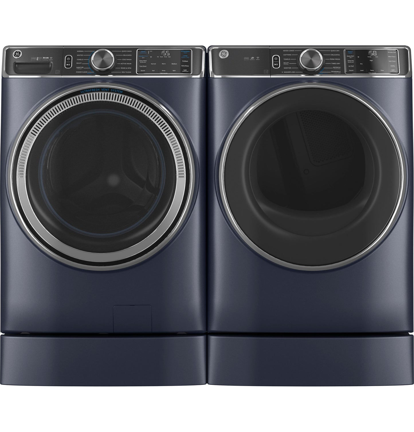 Pair of dark blue front-load washer and dryer units on matching risers for appliance parts and accessories use