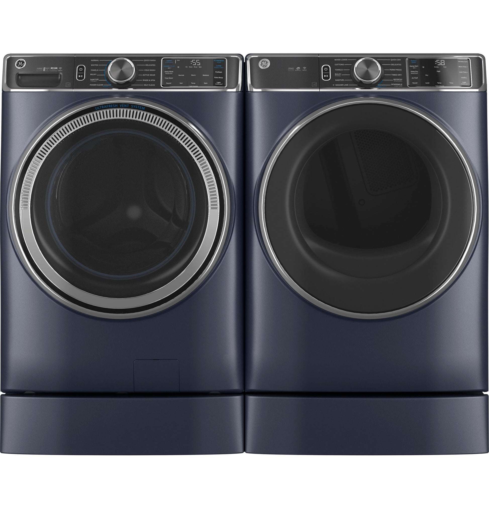 Pair of dark blue front-load washer and dryer units on matching risers for appliance parts and accessories use