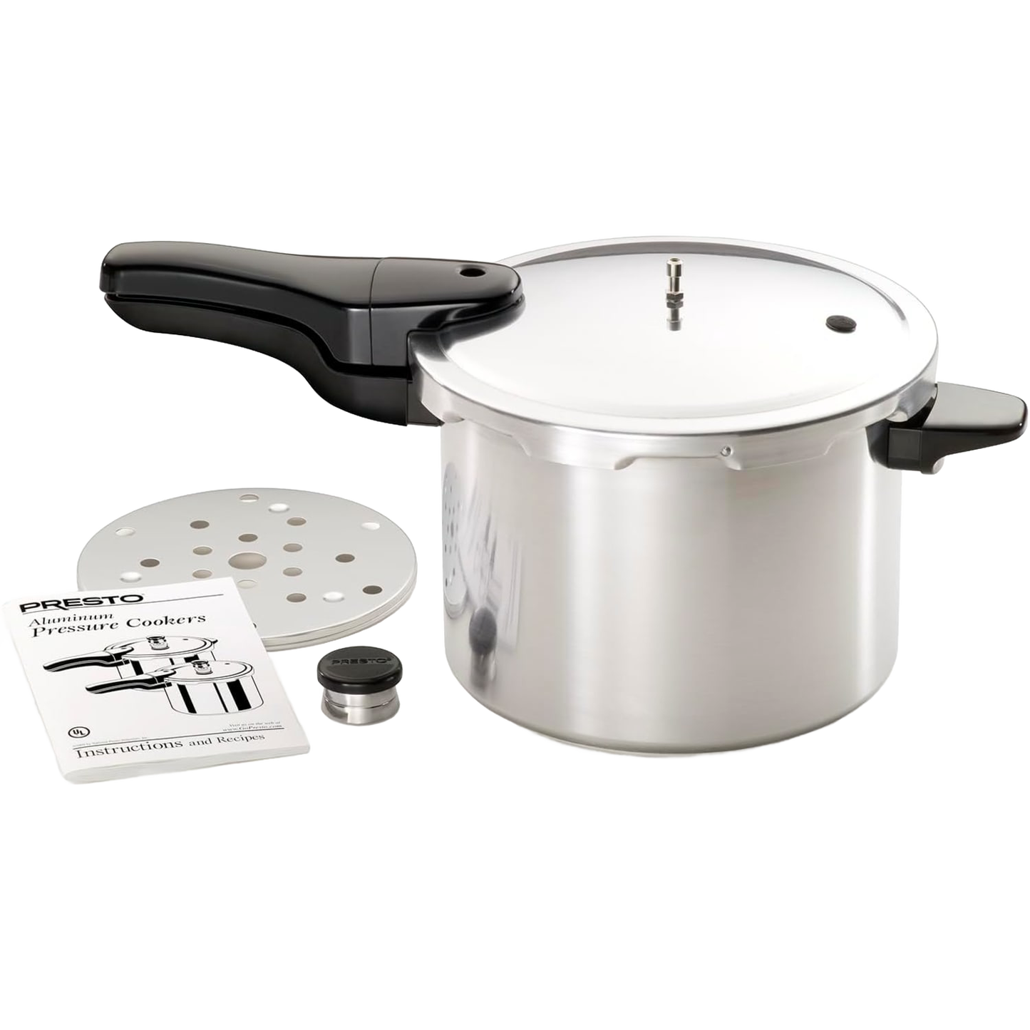 Presto Aluminum Pressure Cooker with black handle, steam regulator, instruction manual, and metal steamer insert in kitchenware collection