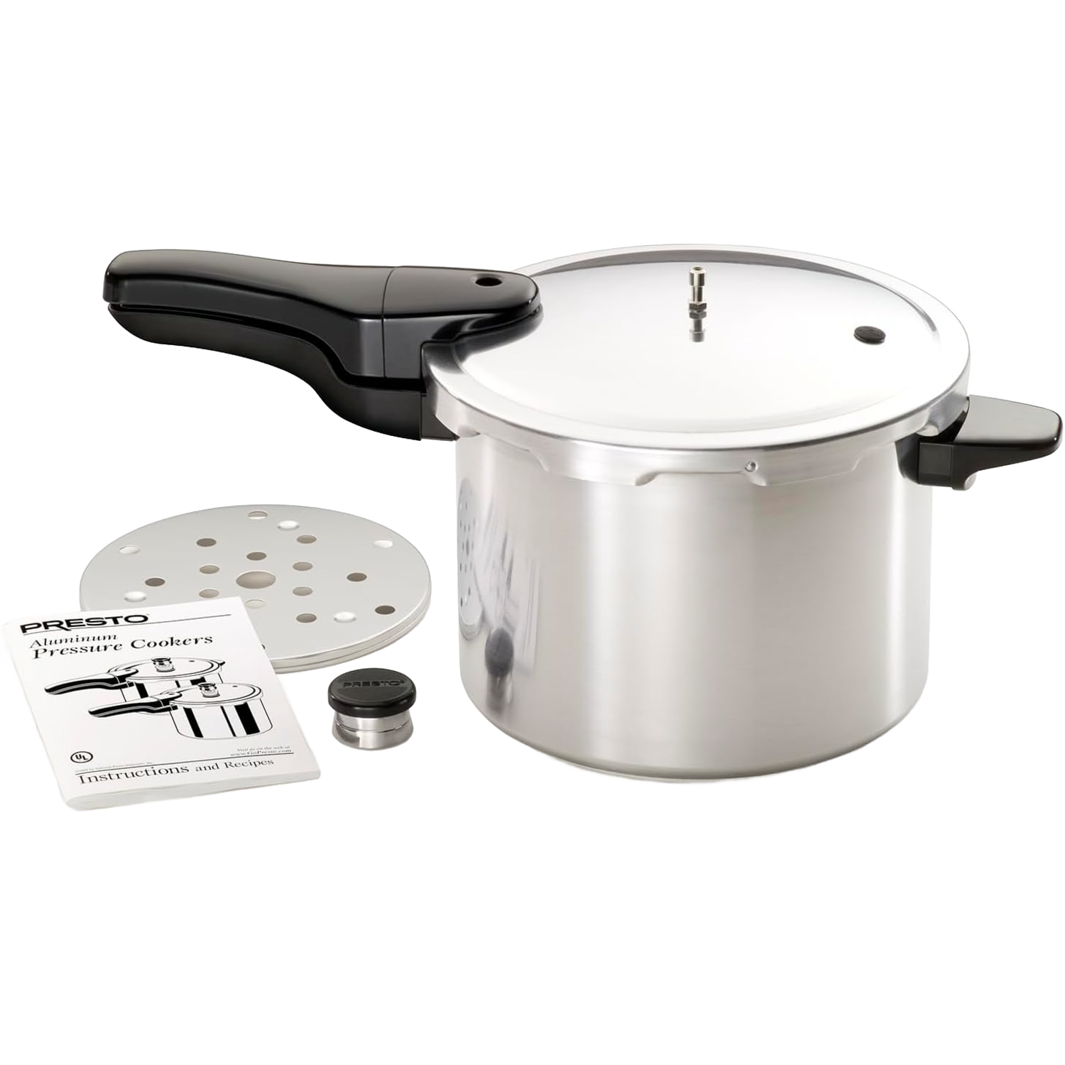 Presto Aluminum Pressure Cooker with black handle, steam regulator, instruction manual, and metal steamer insert in kitchenware collection