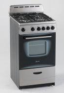 Stainless steel 20-inch gas range with four burners, control knobs, oven window, and storage drawer in kitchen appliance collections