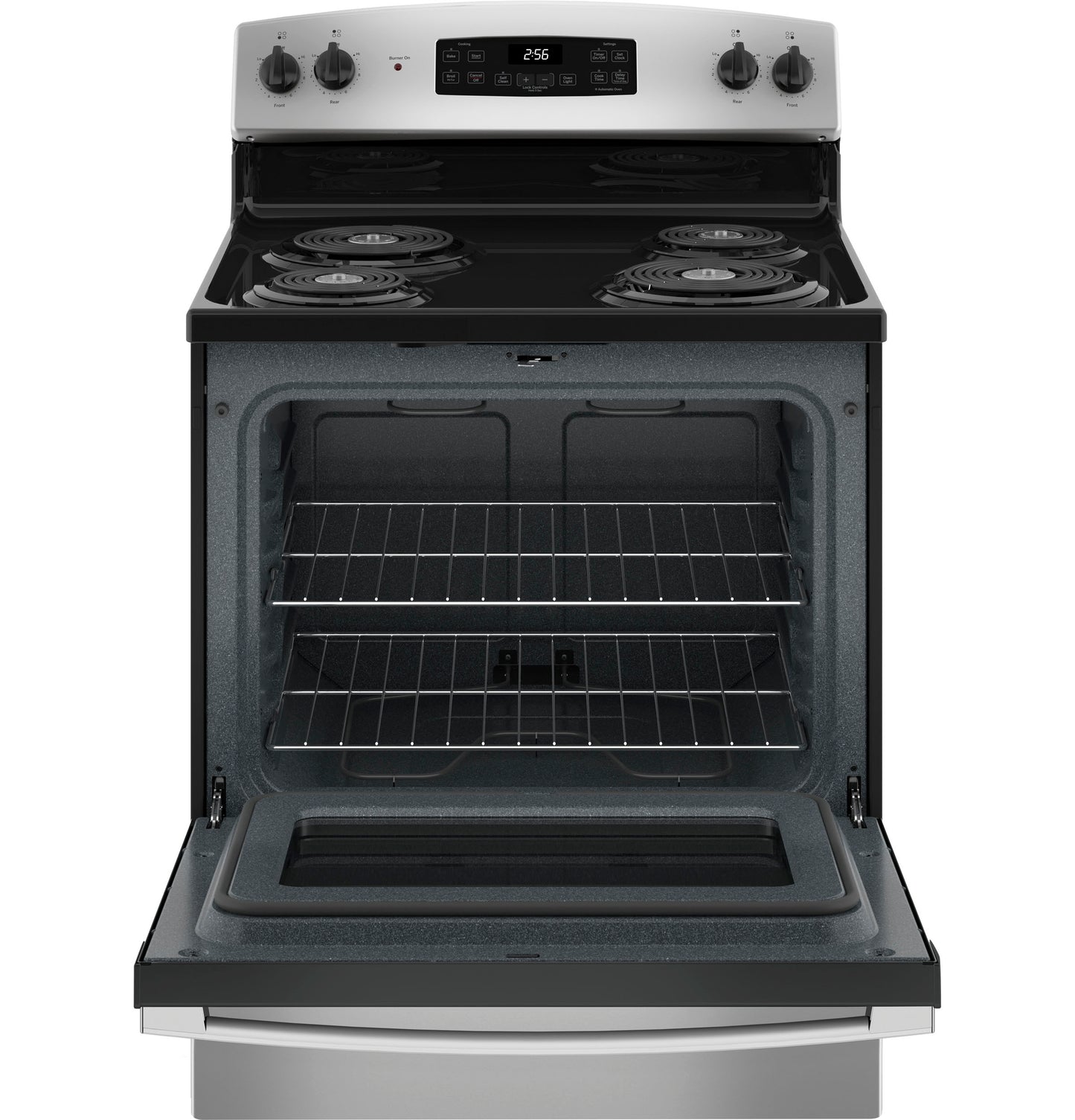 Open door of stainless steel electric range showing spacious oven interior with two racks from Ranges collection