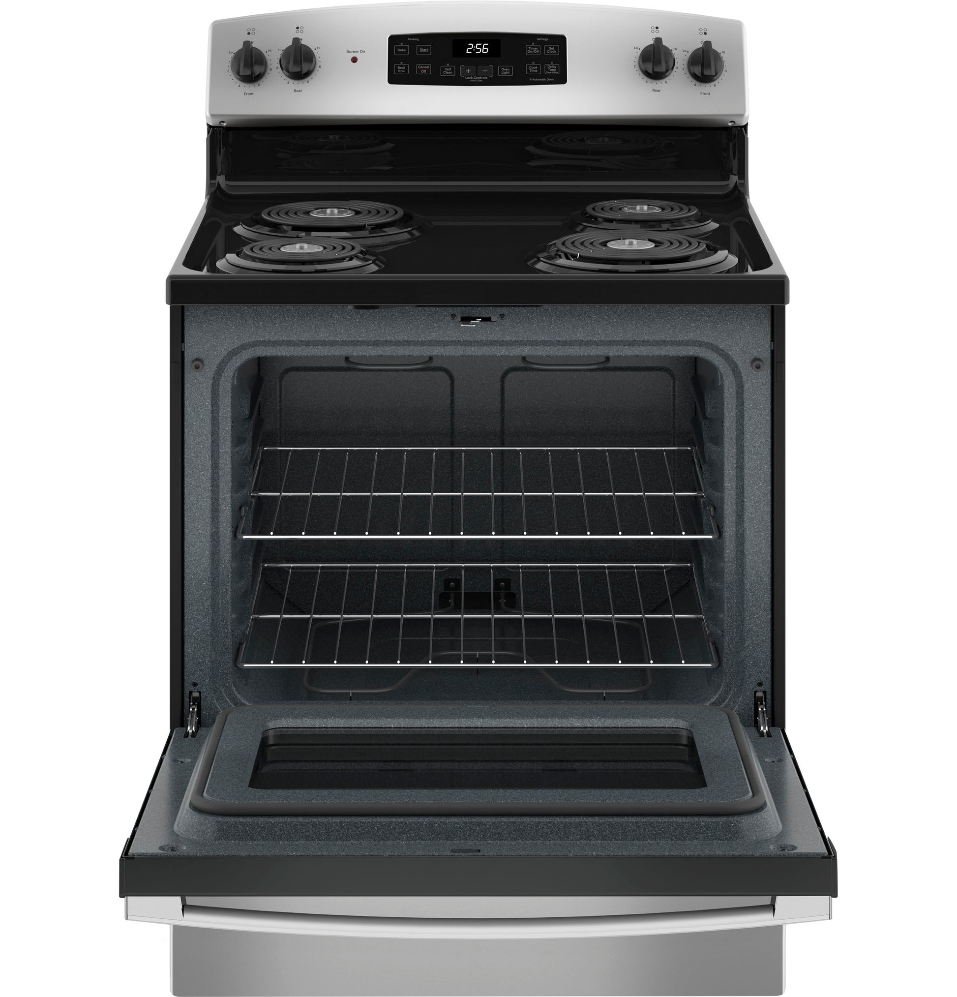 Open door of stainless steel electric range showing spacious oven interior with two racks from Ranges collection