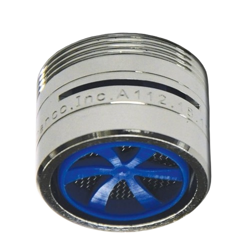 Chrome faucet aerator with blue slotted insert for plumbing repair and water-saving home improvement projects