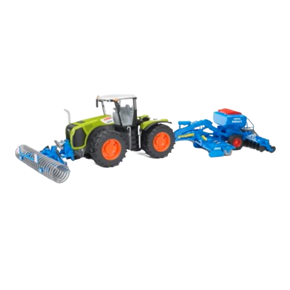 Green and black toy tractor with orange wheels attached to blue front furrow press, part of Bruder Toys collections