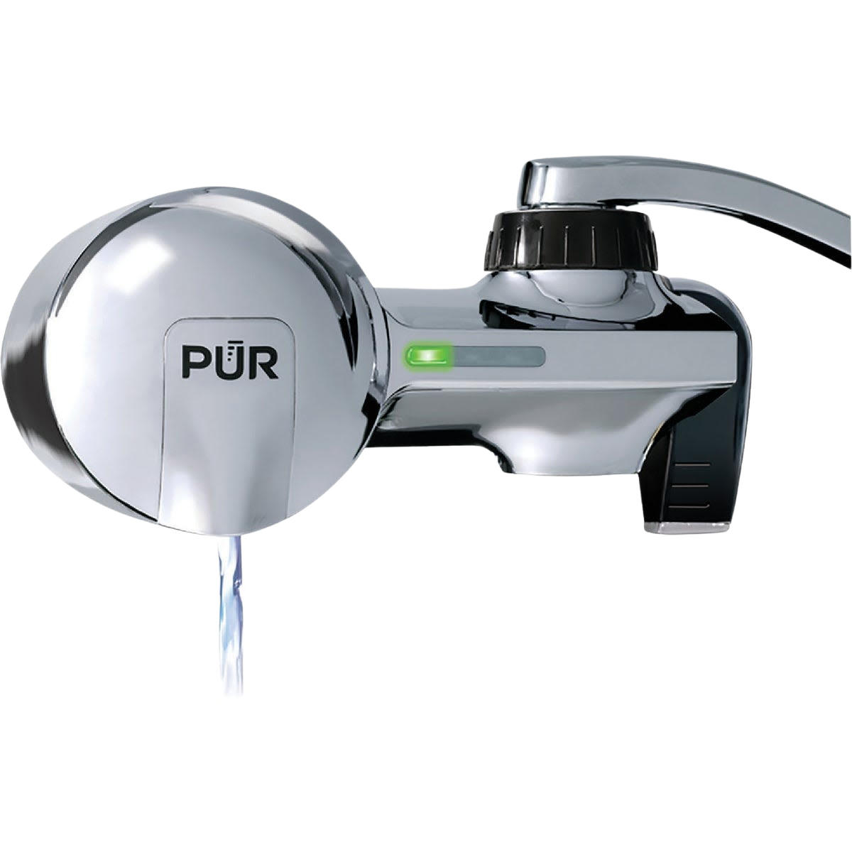 Chrome faucet-mounted water filter with lever and indicator light dispensing clear water stream