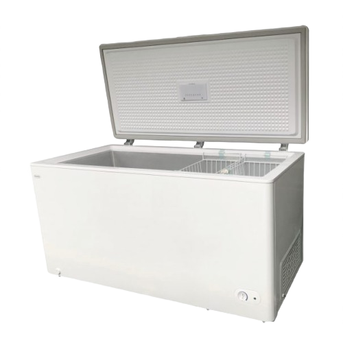 White chest freezer with two storage baskets and front temperature control in freezers and kitchen appliances collection