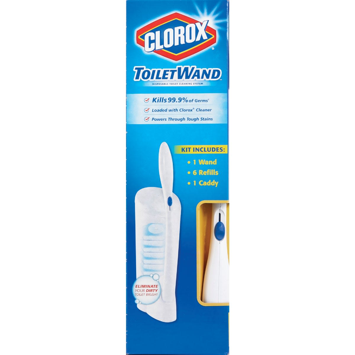 Blue packaging of Clorox Toiletwand cleaning kit featuring wand, caddy, and six refills for home cleaning tools under $50