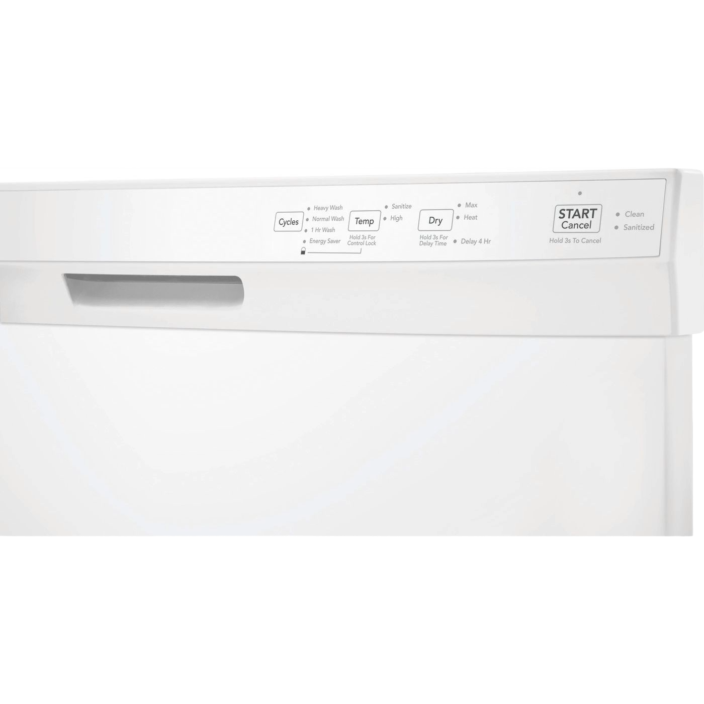 White built-in dishwasher front panel with integrated handle and control buttons for cycle, temperature, and start functions