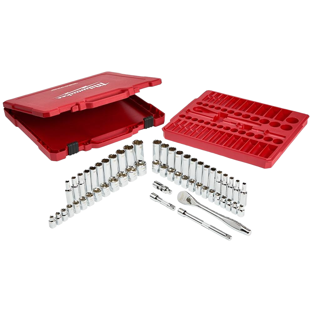 Red storage case with chrome 3/8-inch drive ratchet and sockets for woodworking and hand tools collection