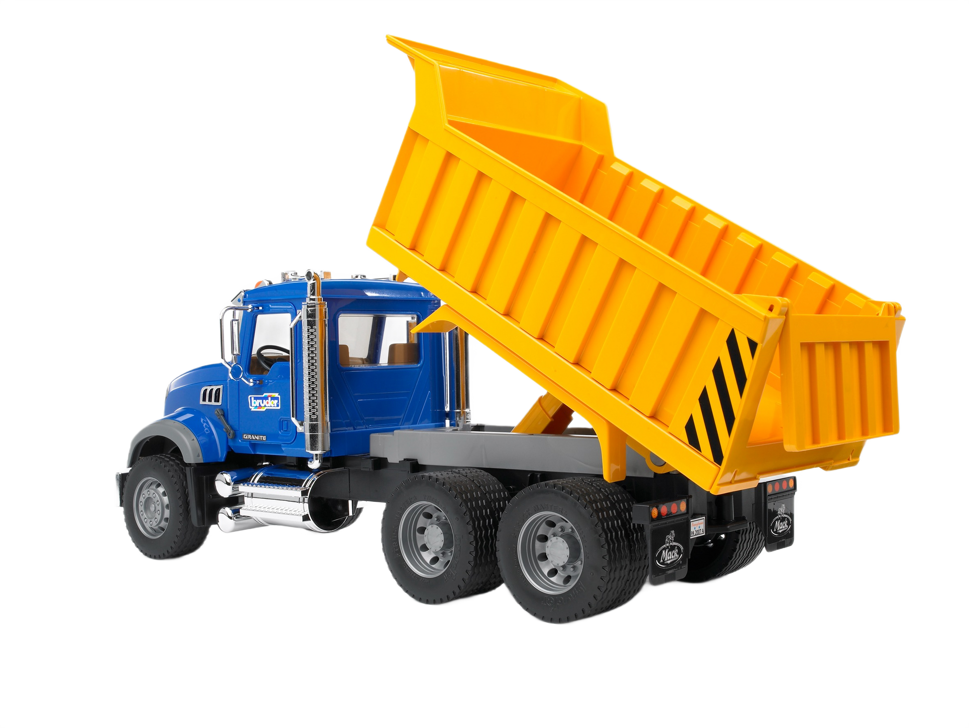 Blue and yellow Bruder MACK Granite dump truck toy with tilting bed for realistic construction play