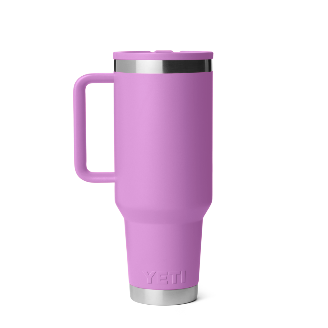 Tall pink travel mug with handle and stainless steel accents, designed for insulated temperature retention, from Drinkware and Kitchen collections at Hartville Hardware