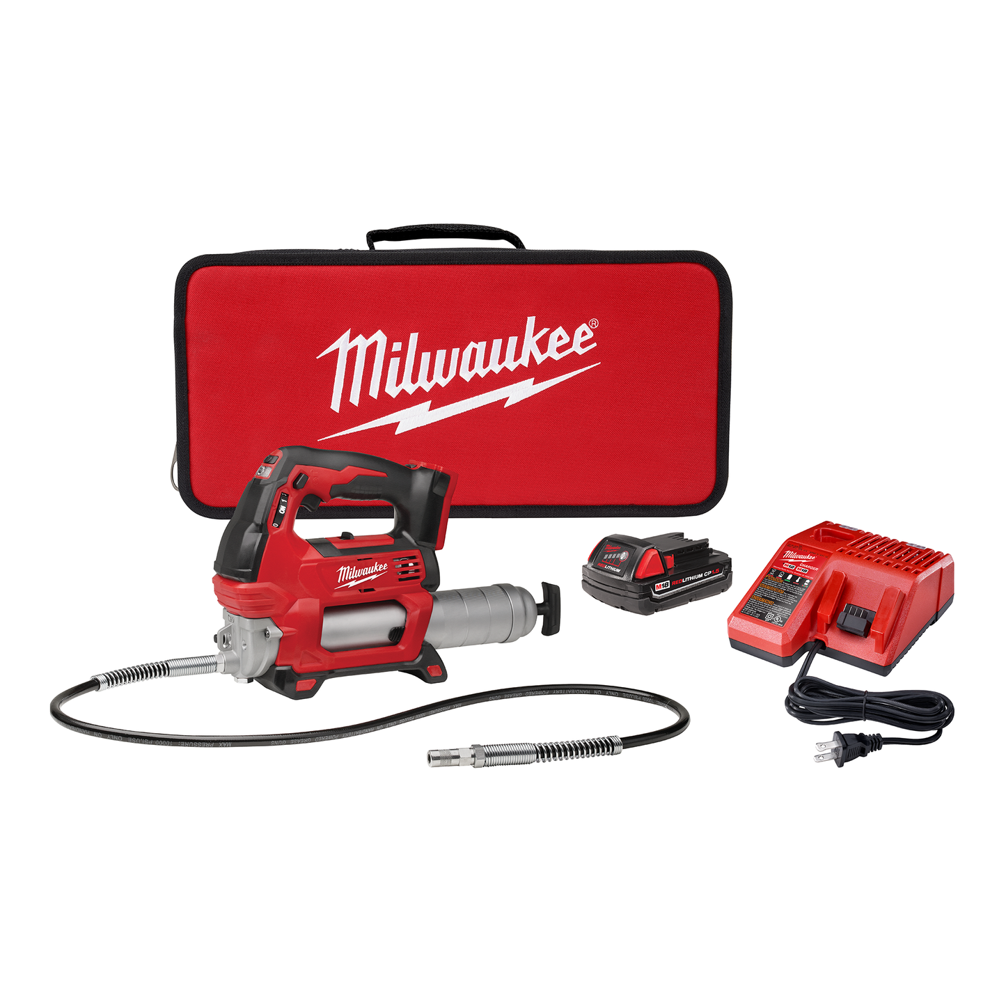 Cordless grease gun kit with flexible hose, rechargeable battery, charger, and red branded carrying case for power tools collection