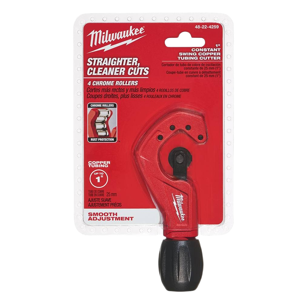 Red constant swing copper tubing cutter with black adjustment knob for precise cuts in home improvement projects