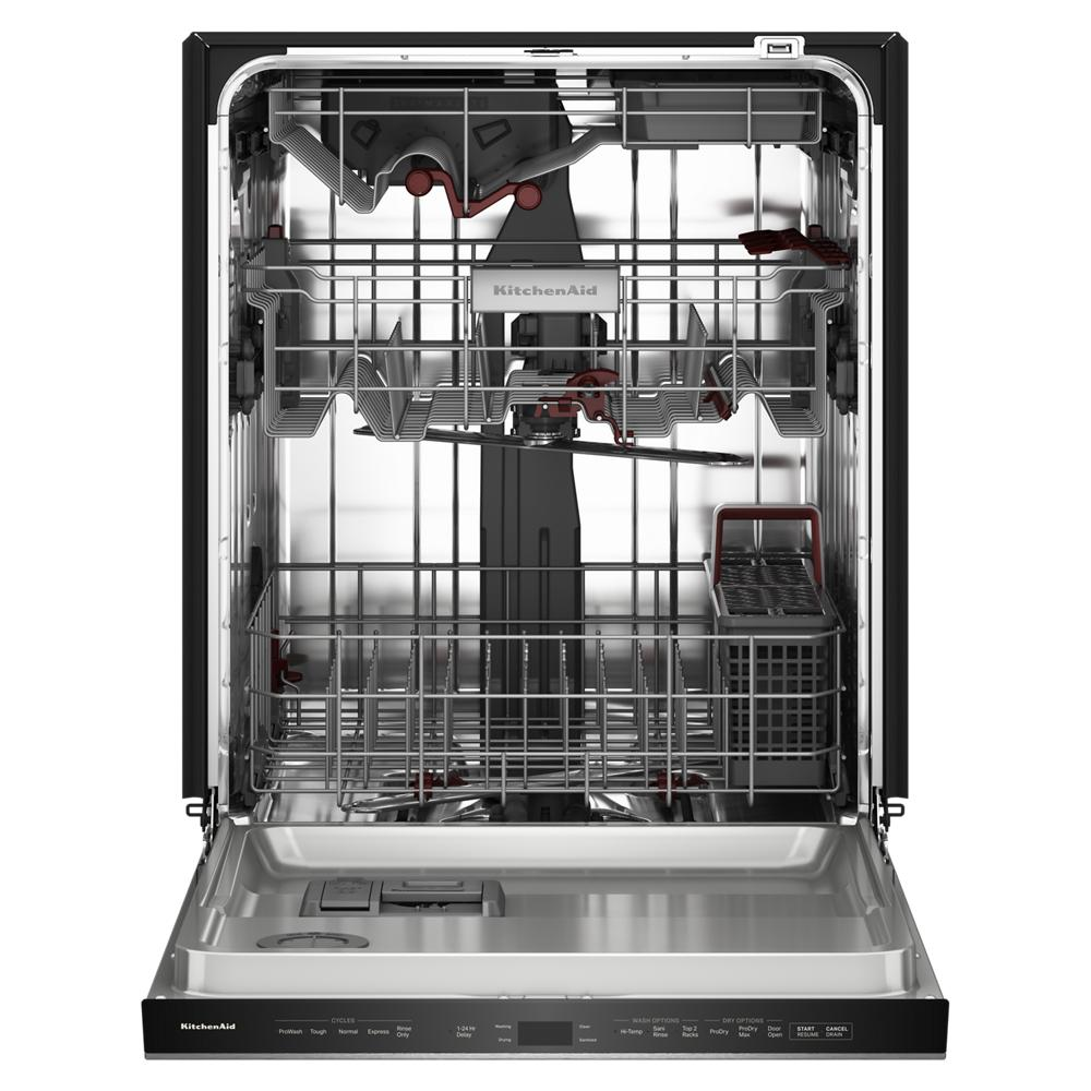 Open stainless steel dishwasher with three racks and utensil holder, part of KitchenAid dishwashers and appliances collection