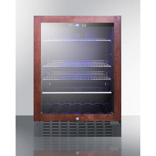 Built-in beverage cooler with wooden frame door, adjustable wire shelves, and digital temperature display in Appliances collection