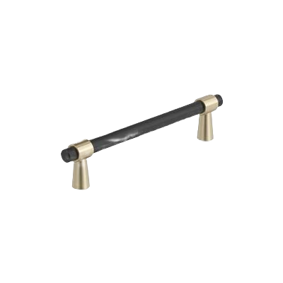 Matte black cabinet pull with brushed gold cylindrical bases for stylish home improvement projects and tools