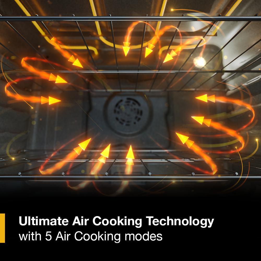 Inside oven view showing airflow pattern illustrating advanced air cooking technology with five cooking modes