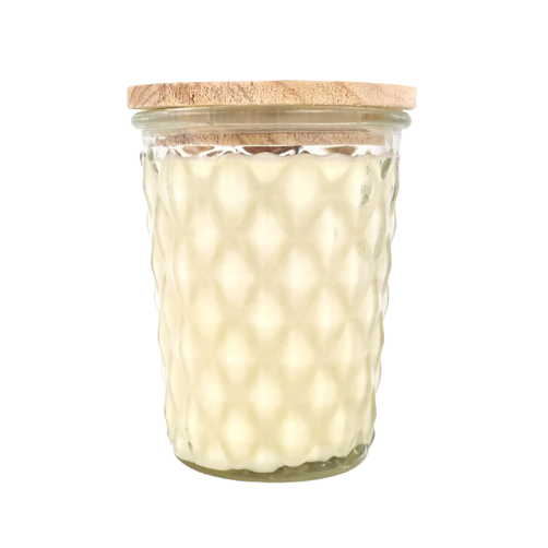 12 oz textured glass jar candle with natural wood lid for home fragrance and decor use