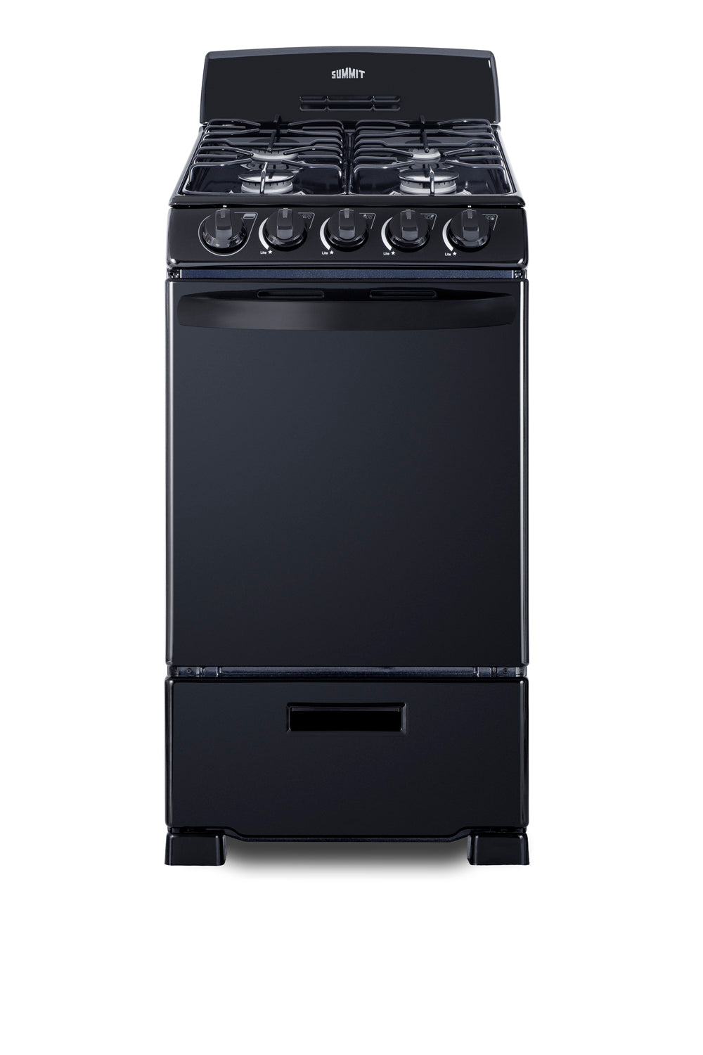 black 20-inch wide gas range with four burners and front control knobs in kitchen appliances collection