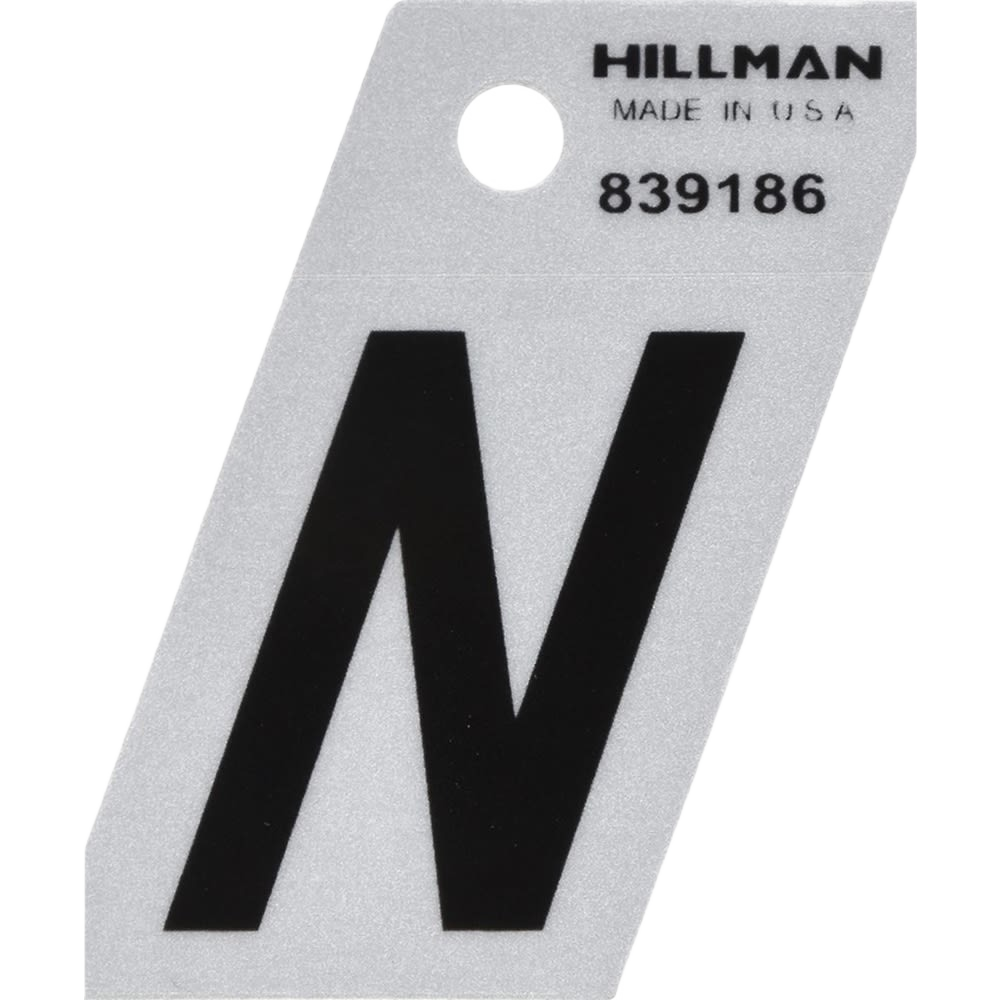 Reflective black and silver Mylar sticker letter N with angled cut, part of Hillman hardware collection under $50