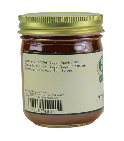 Ingredients label on 9 oz. jar of Hartville Kitchen apple butter with gold lid in jams and jellies collection