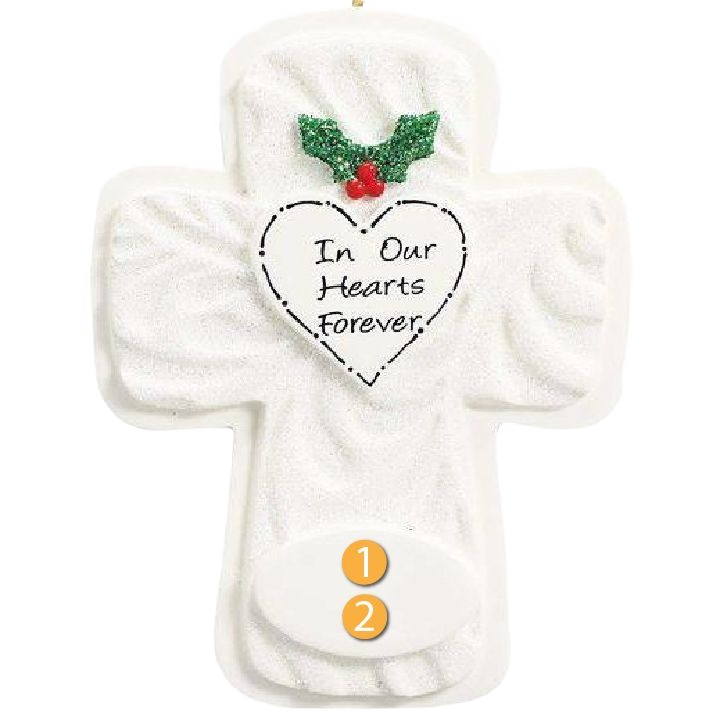 White cross ornament with holly and heart reading In Our Hearts Forever from Christmas Ornaments collection under $50