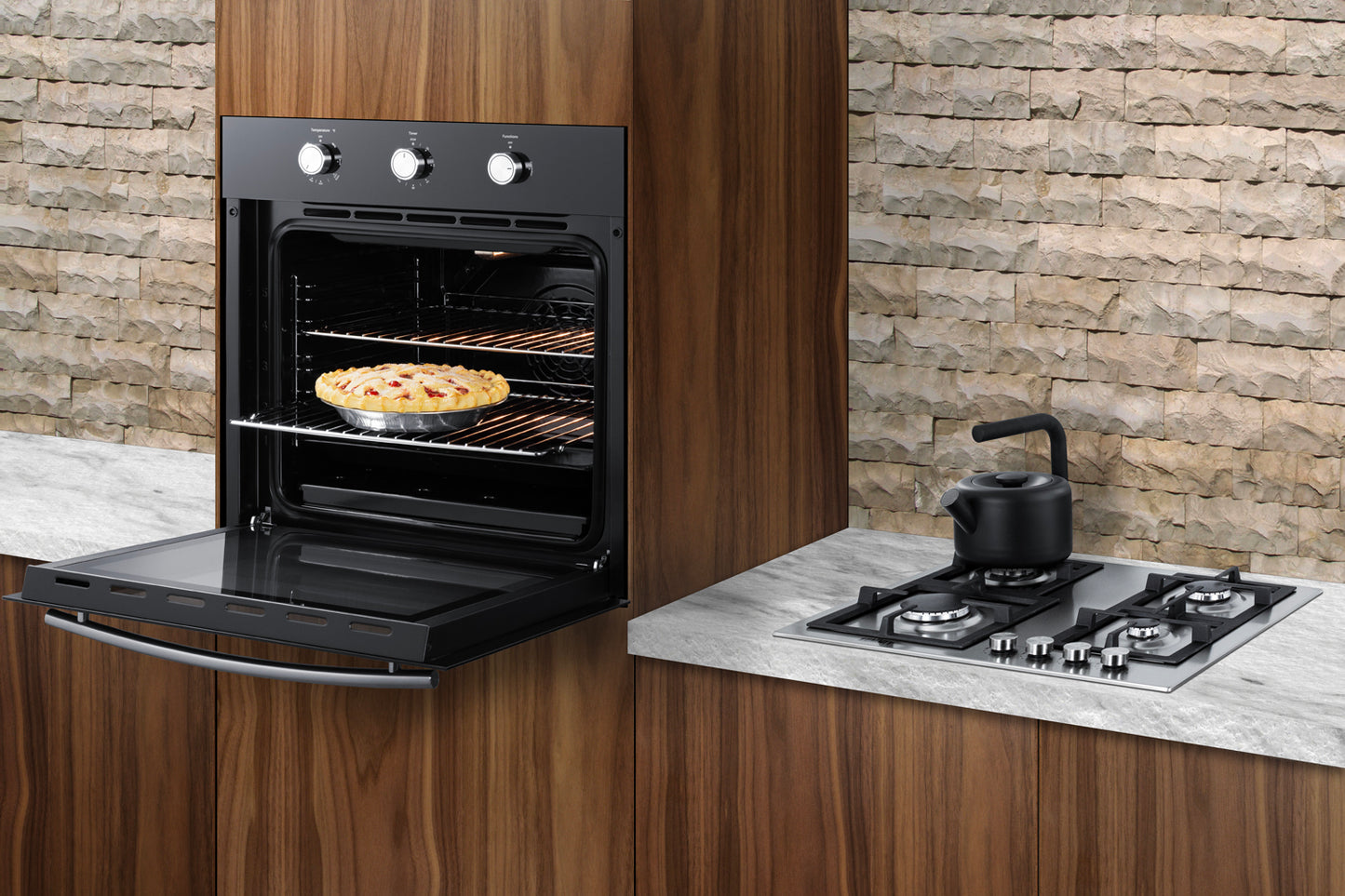 Jet black single gas wall oven with wooden cabinetry and stone tile backsplash in modern kitchen setting
