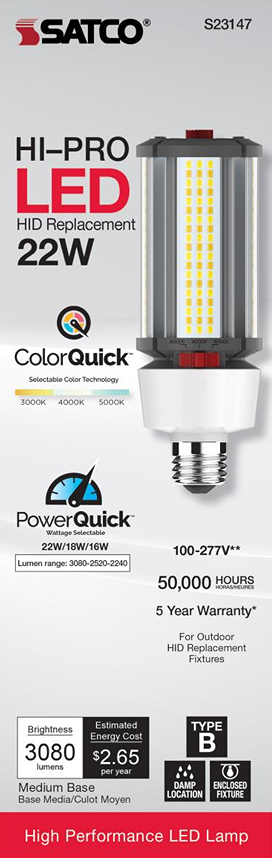 High-performance LED corn light bulb with selectable wattage and color temperature for lighting and electrical use