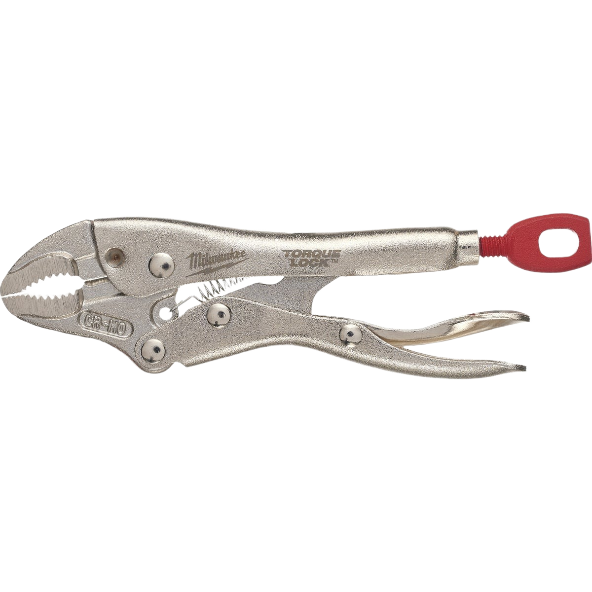 Curved jaw locking pliers with silver finish and red pull release, designed for secure grip in home improvement tasks