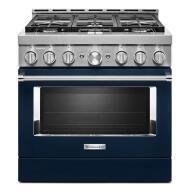 36-inch commercial-style gas range with six burners and blue oven door in KitchenAid appliances and ranges collection