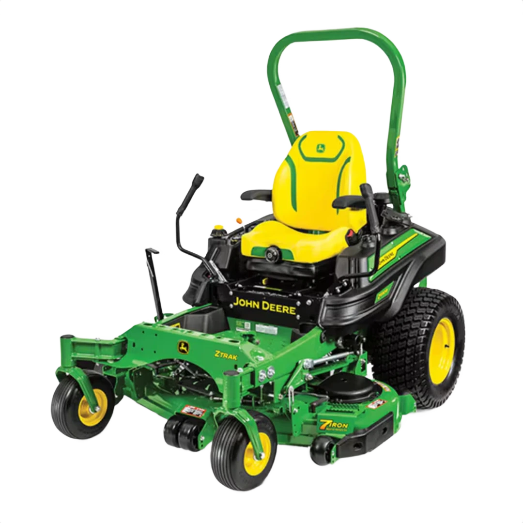 Green and yellow zero-turn lawn mower with 60-inch deck and large rear tires for home lawn care tasks
