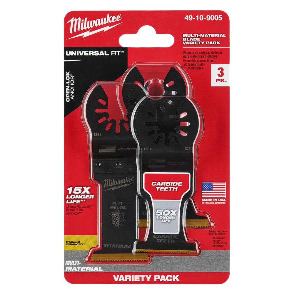 Three-piece Milwaukee multi-material cutting blade set with carbide teeth for woodworking and power tool accessories under fifty dollars