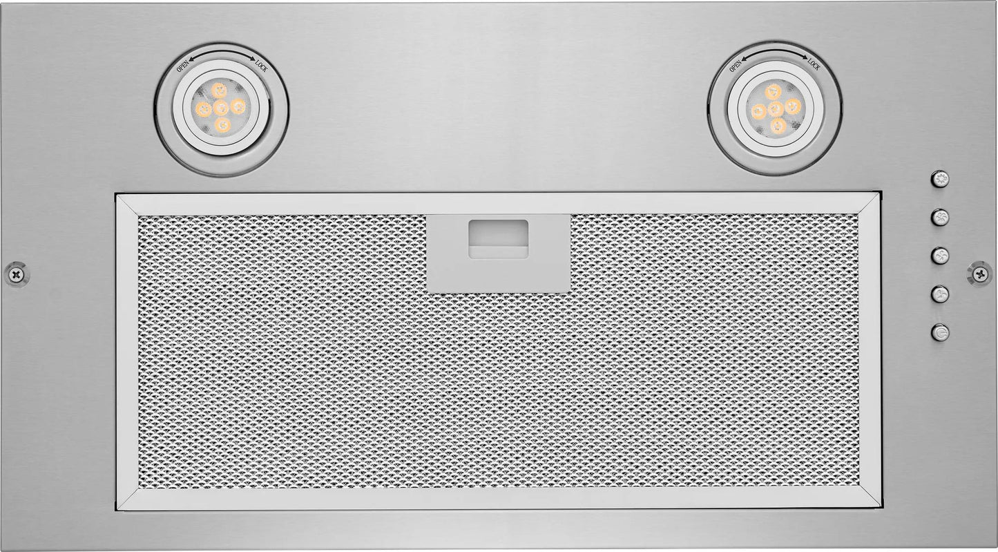 Stainless steel insert ventilation hood with LED lights and dishwasher-safe aluminum filter in range hoods collection