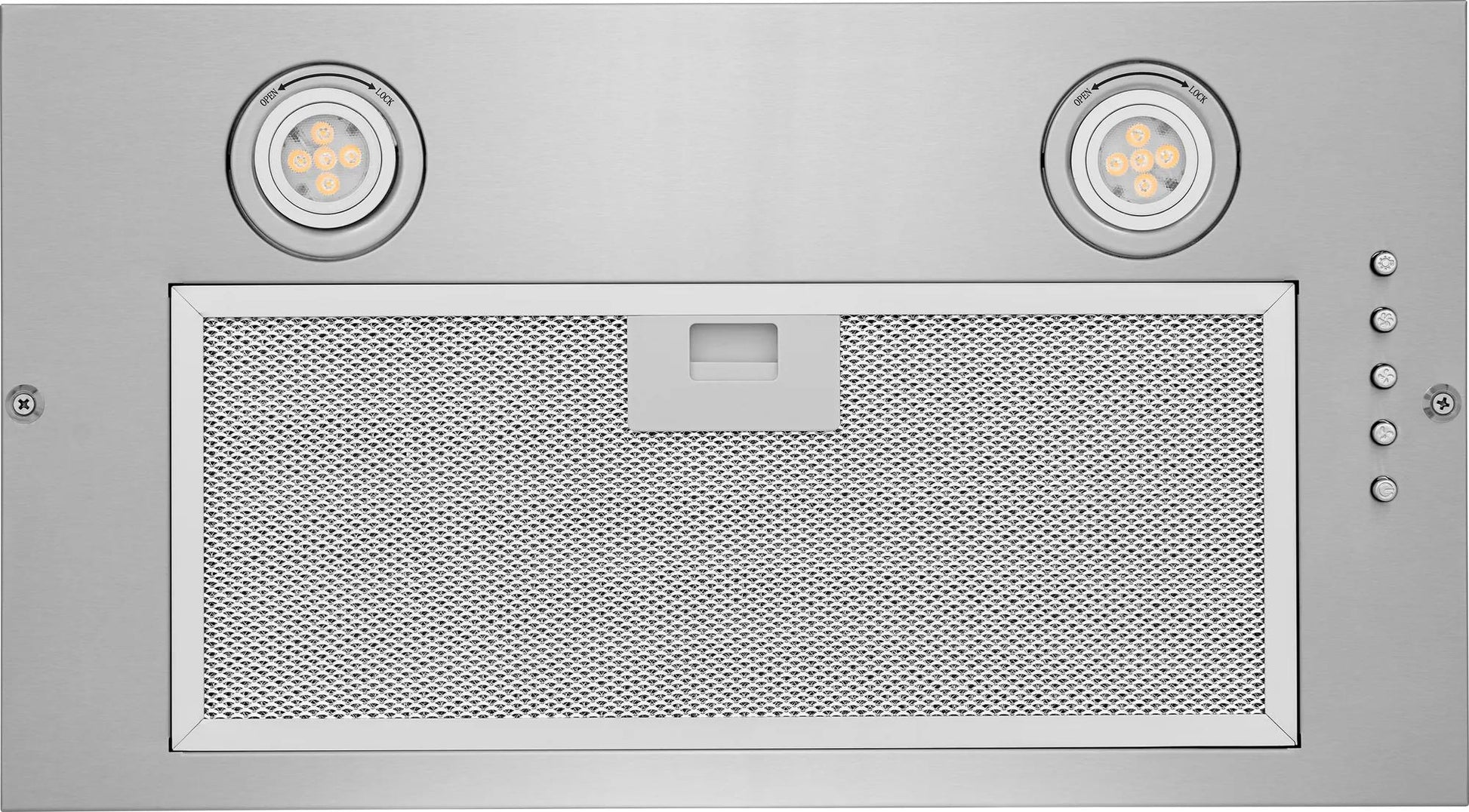 Stainless steel insert ventilation hood with LED lights and dishwasher-safe aluminum filter in range hoods collection