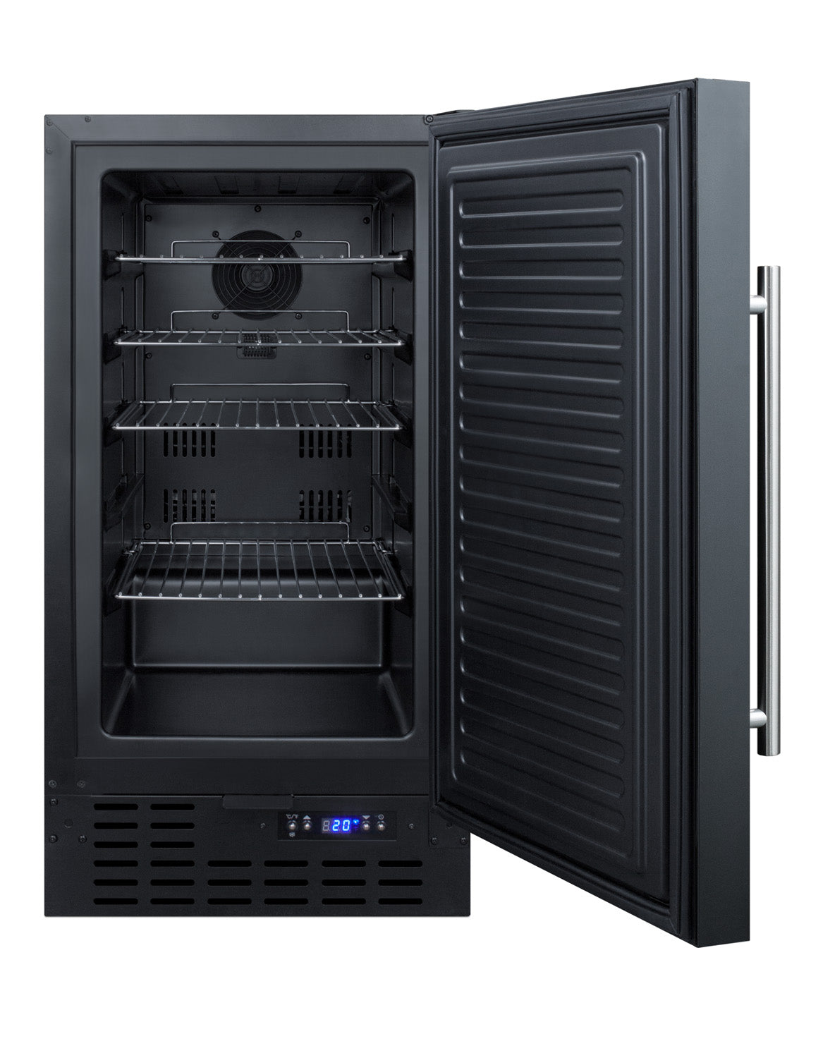 18-inch black built-in all-freezer with open door, wire racks, digital temperature display, and stainless steel handle