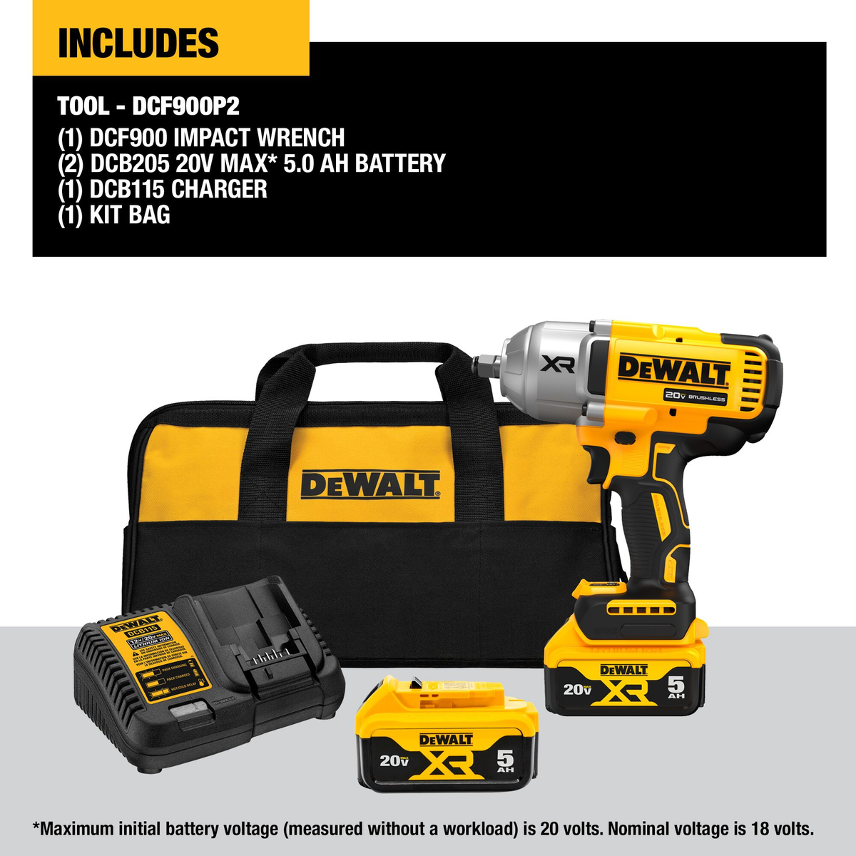 DEWALT 20V MAX* XR® 1/2" High Torque Impact Wrench With Hog Ring Anvil Kit w/(2) 5.0 Ah Batteries & Charger Kit