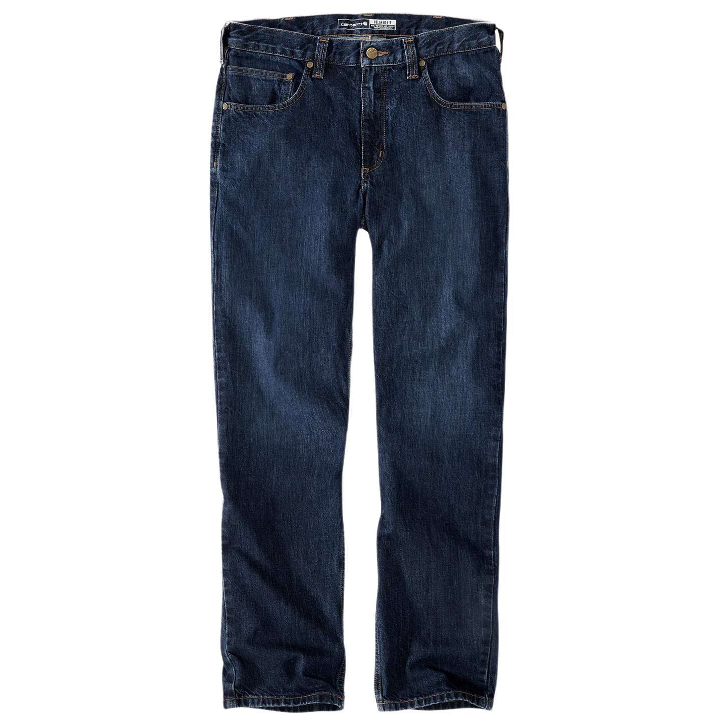 Men’s relaxed fit dark indigo cotton denim jeans with classic five-pocket design from Carhartt collection
