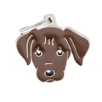 Brown dog-shaped pet ID tag resembling a Labrador with attached silver keyring for identification purposes