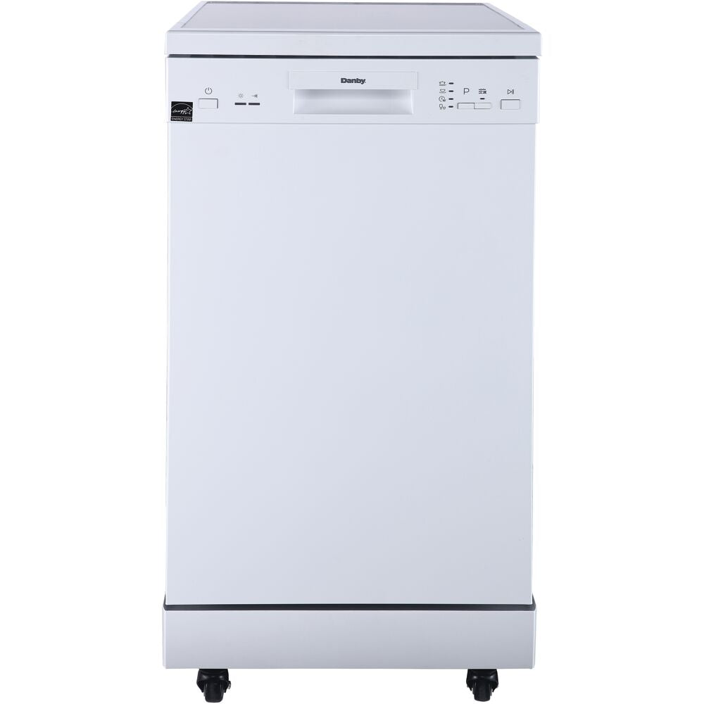 Freestanding compact dishwasher in white with control panel and handle, suitable for kitchen appliances collection
