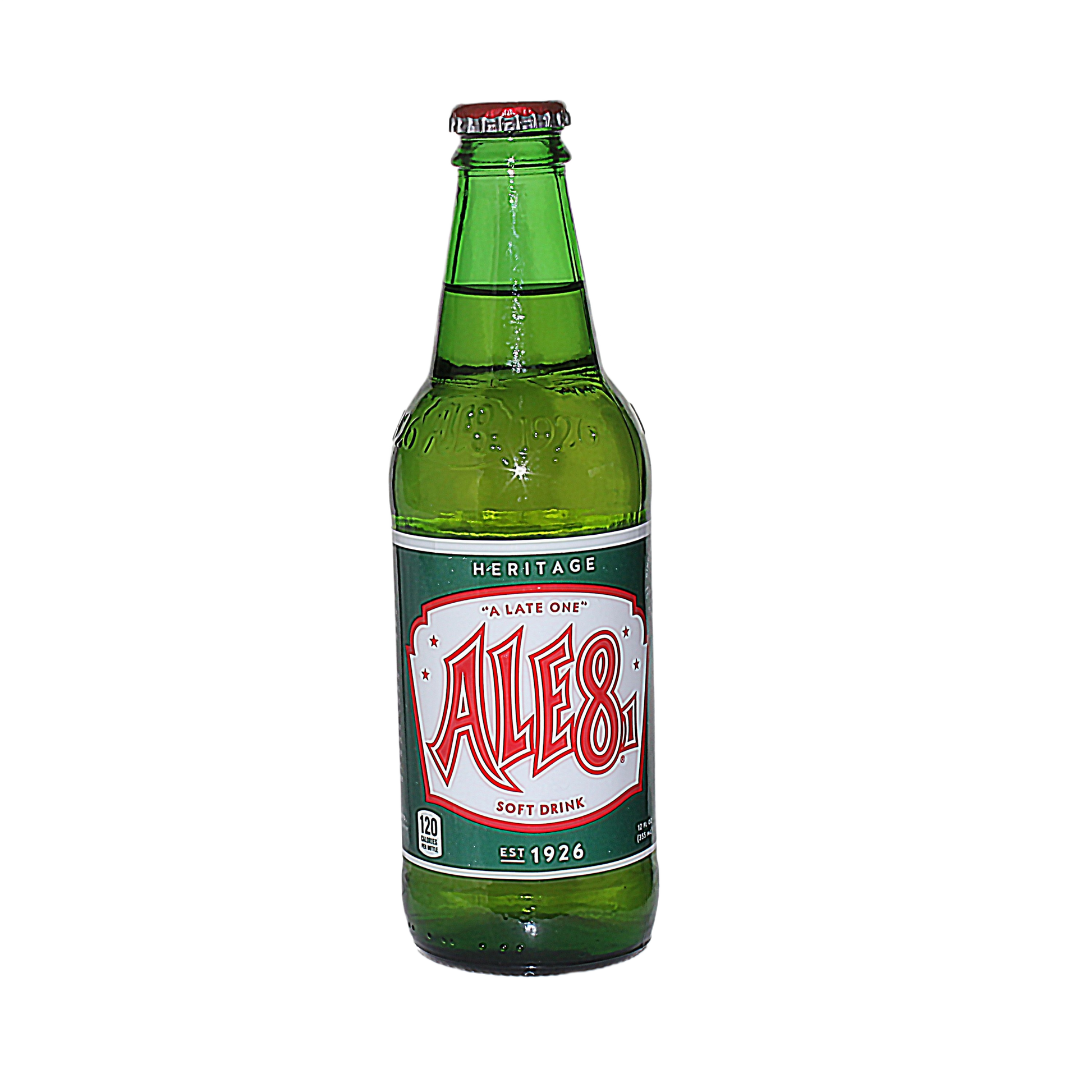 Green glass bottle of Ale 8 soft drink with vintage-style label and red and white lettering on a dark background