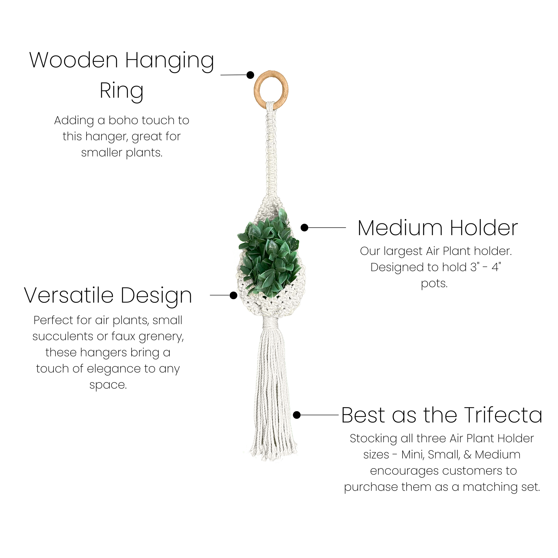 Medium macrame air plant holder with wooden hanging ring and white cotton cords for decorative plant display