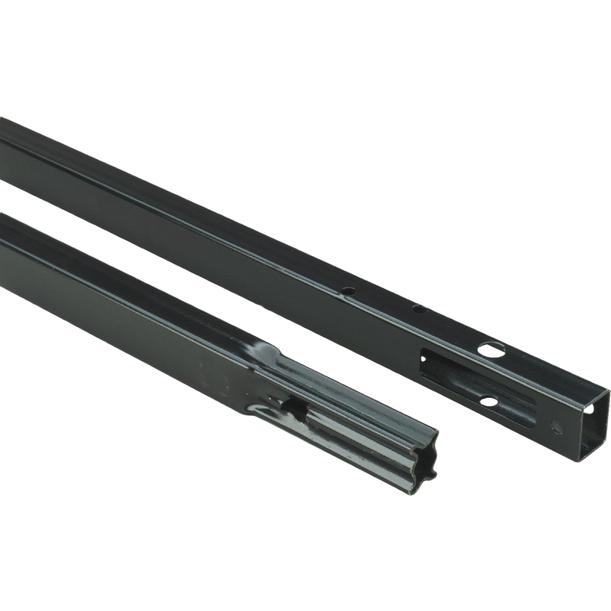 Two black metal rail extension pieces designed for garage door chain drive systems in home improvement projects
