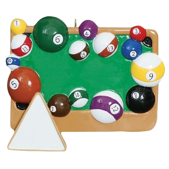 Miniature pool table featuring colorful billiard balls and white triangle rack from Christmas Ornaments & Tree Decorations collection