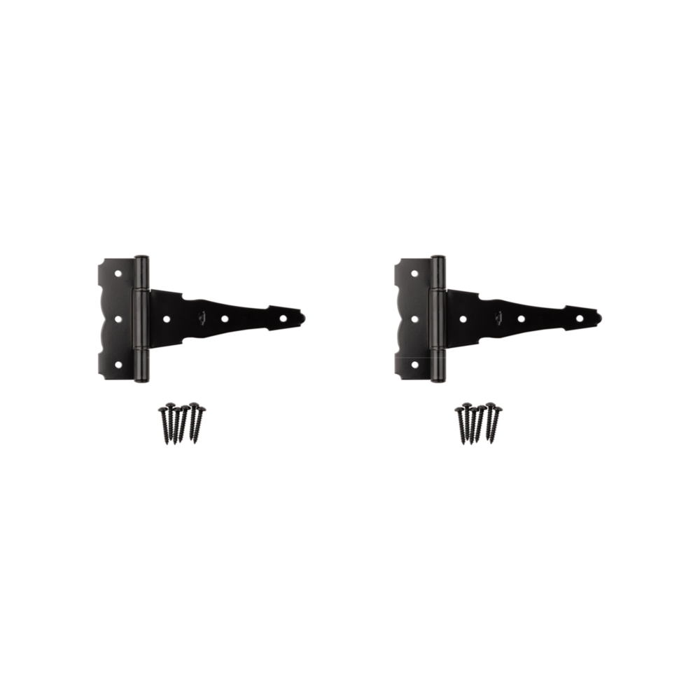 Two black reversible T-hinges with bearing design and screws for gates and doors in hardware under $50