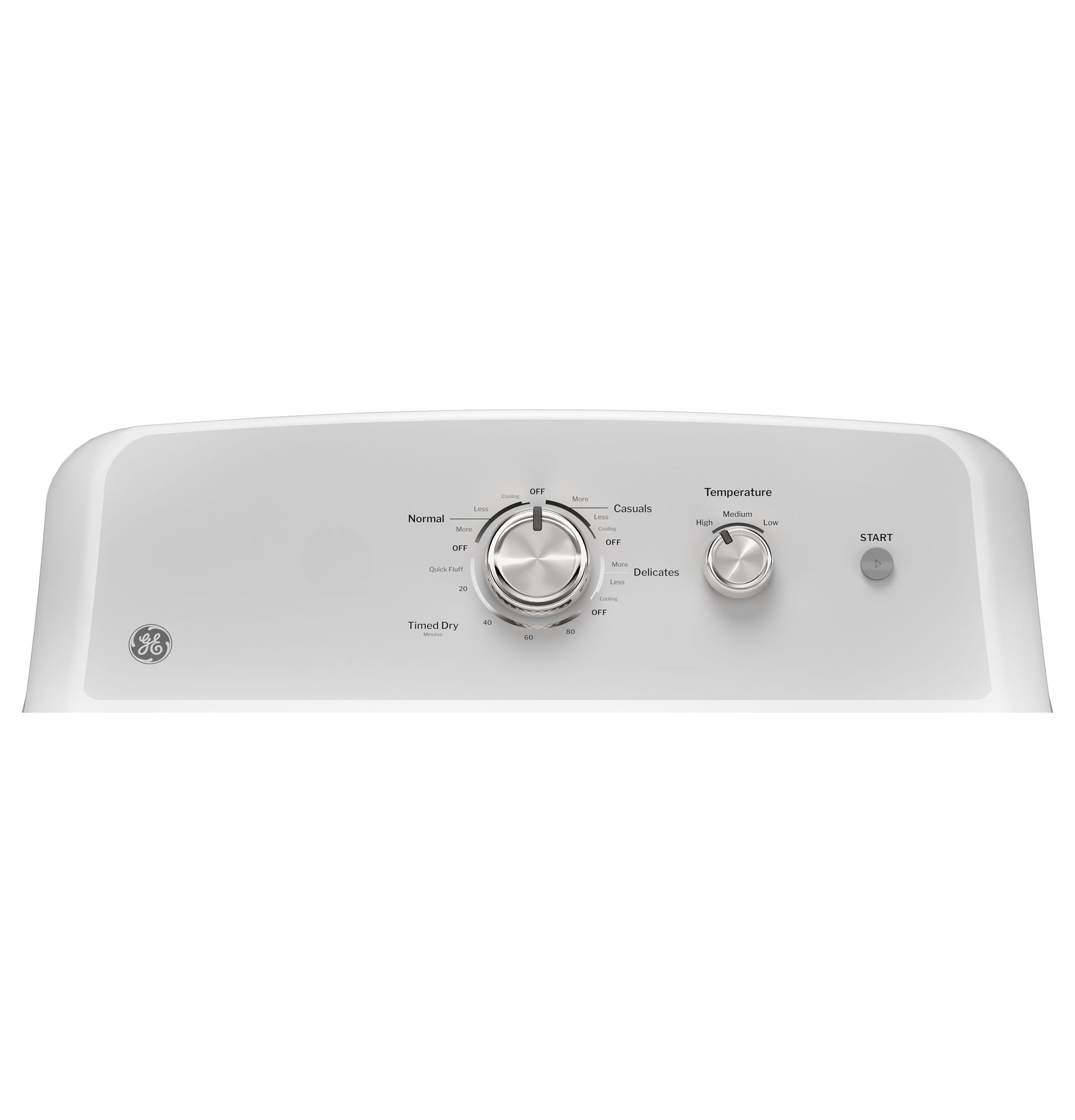 Control panel of a white electric dryer with cycle selector, temperature knob, and start button in Dryers and Appliances collections