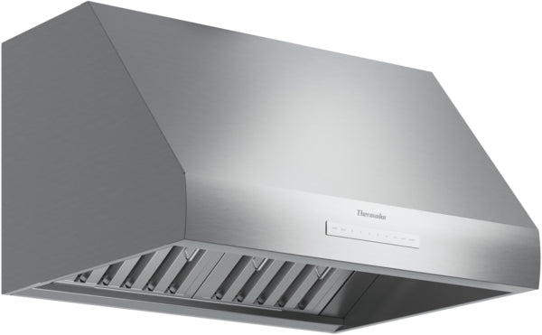 Modern stainless steel wall-mounted range hood with baffle filters from Thermador kitchen appliances collection