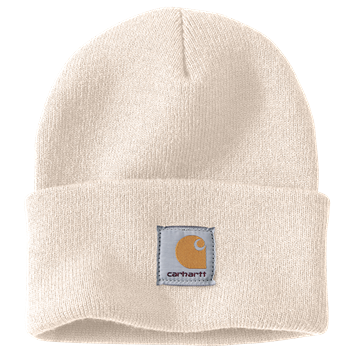 Cream-colored thick acrylic rib knit cuffed beanie featuring a stitched logo patch, a warm accessory in Clothing & Shoes, Accessories, and Scarves & Hats collections.