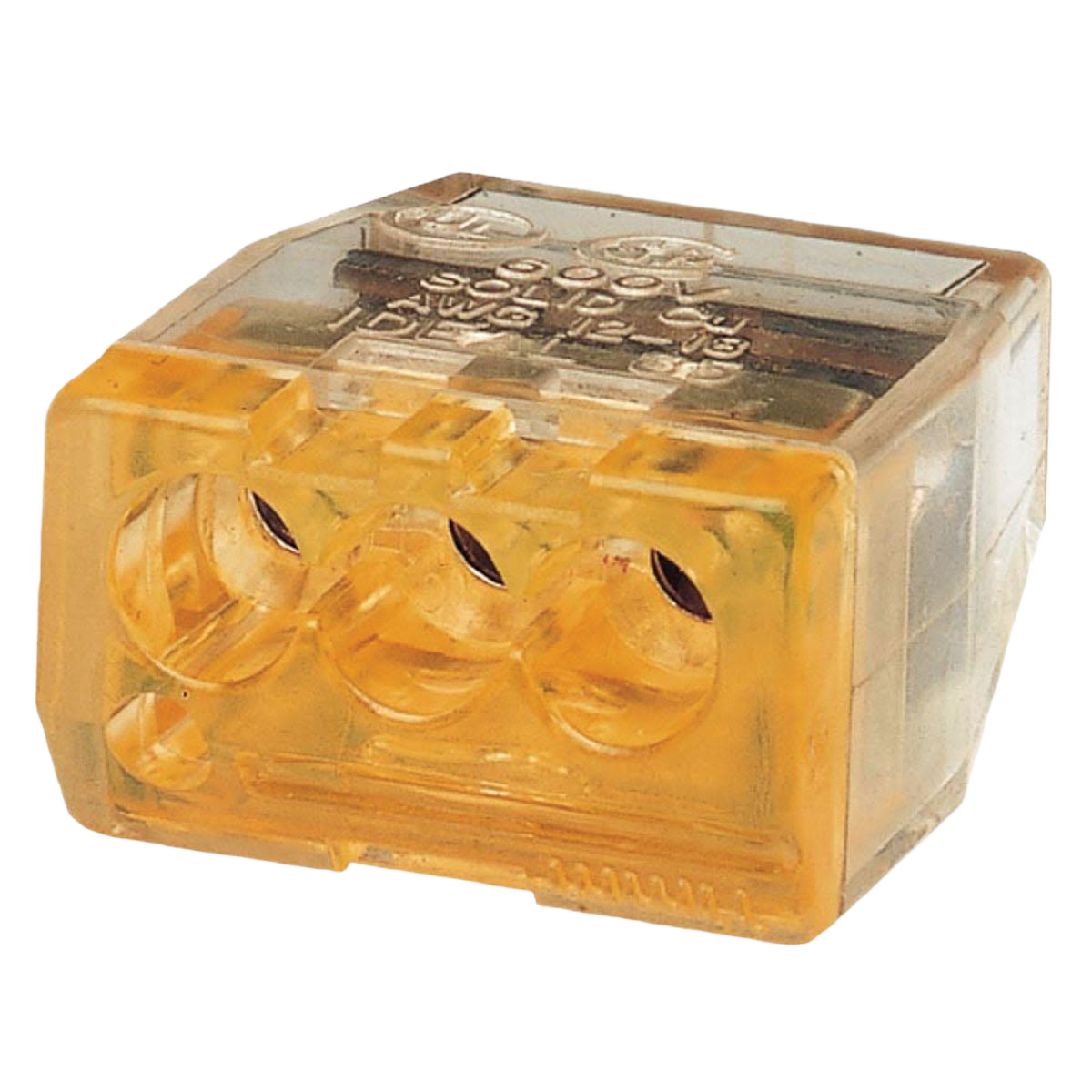 Clear and amber push-in electrical connector with three ports for reliable wiring in home improvement projects