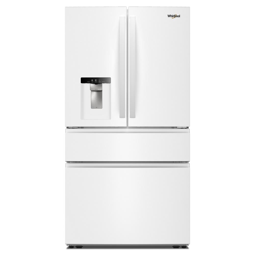 White French door refrigerator with flexible temperature drawer and in-door water dispenser in kitchen appliances collection